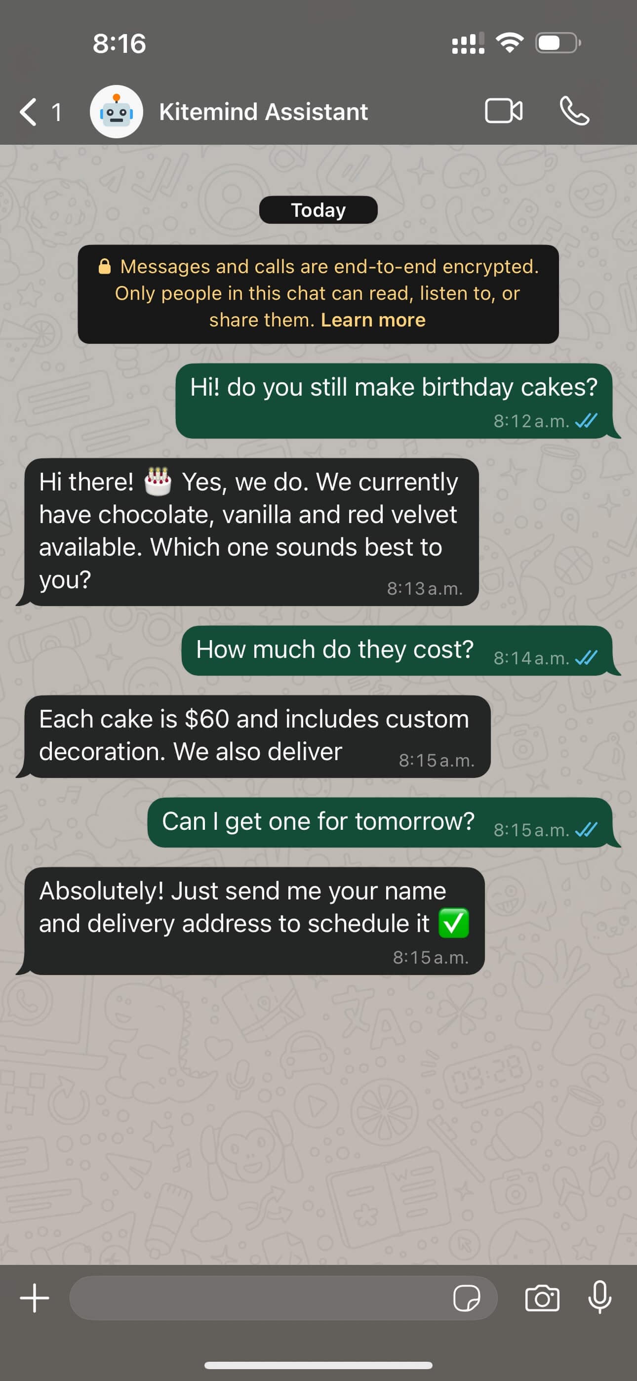 A WhatsApp conversation with Kitemind