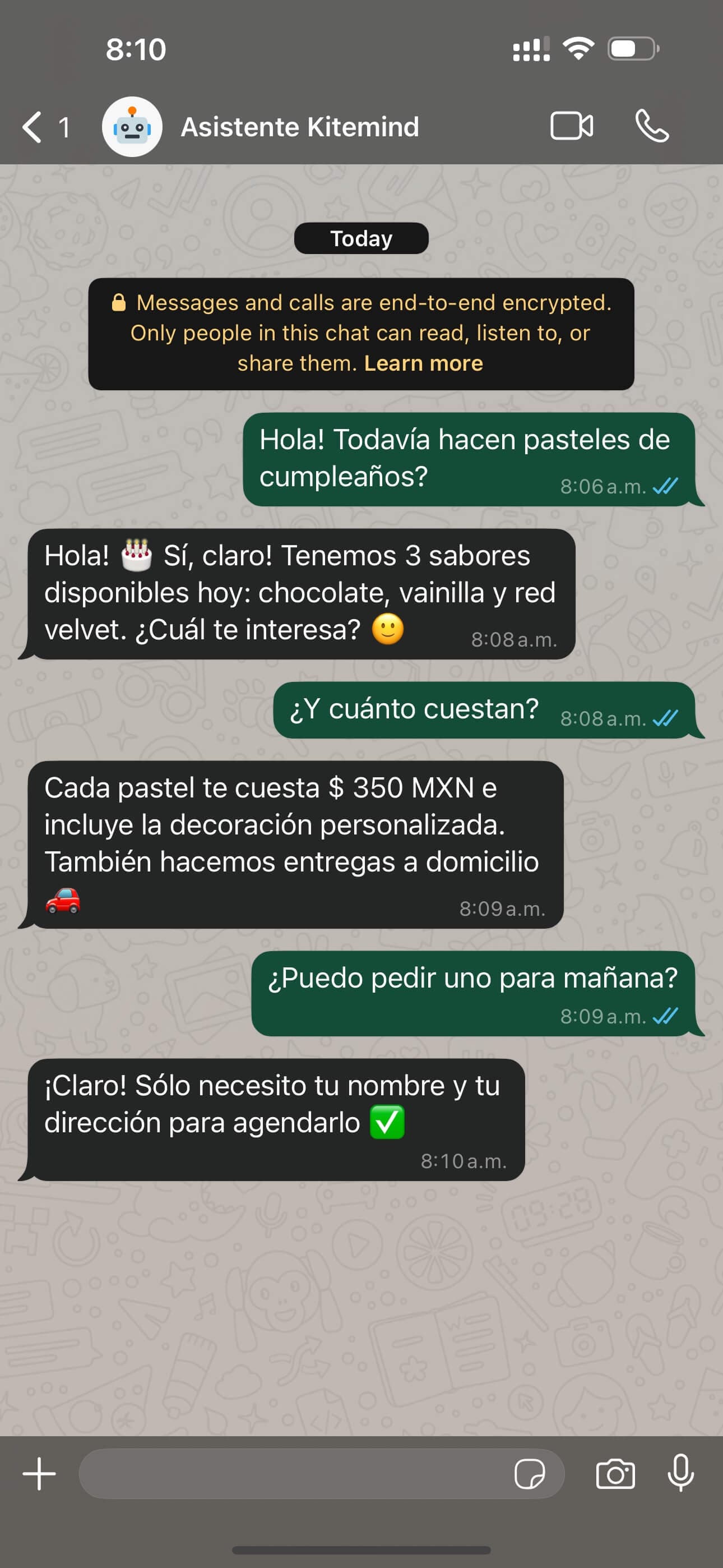 Una conversación de WhatsApp con Kitemind